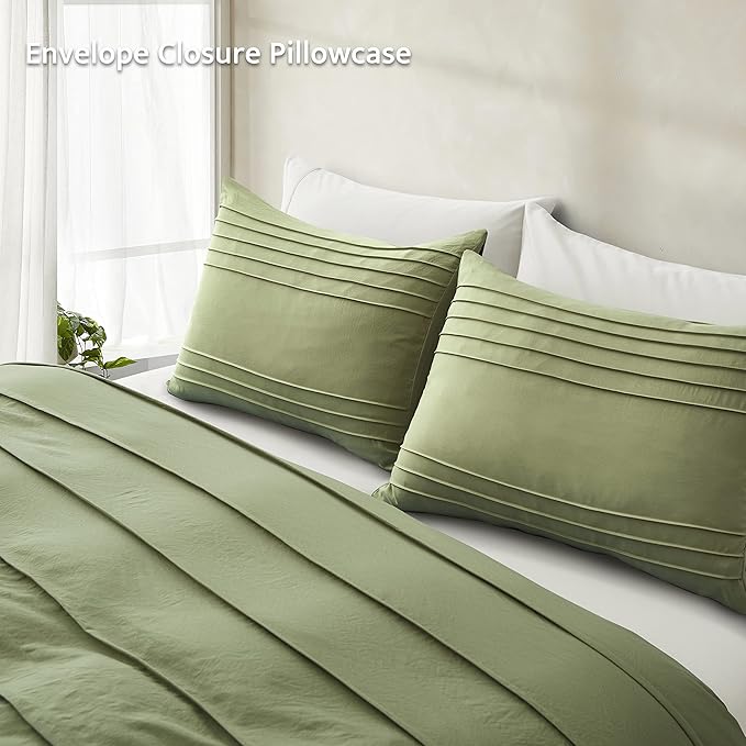 Oli Anderson Sage Green Duvet Cover King Size - Pleated King Duvet Cover, 3PCS Soft and Breathable Textured Bedding Set with Zipper Closure(Sage Green,104"x90")