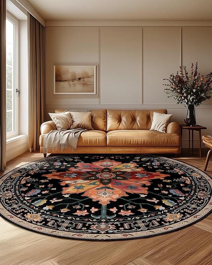 Area Rugs 7ft Washable Non-Slip, Floral Vintage Distress Print Pattern Medallion Carpet for Living Room Bedroom Dining Room, Black Colorful Floral Dark Tan