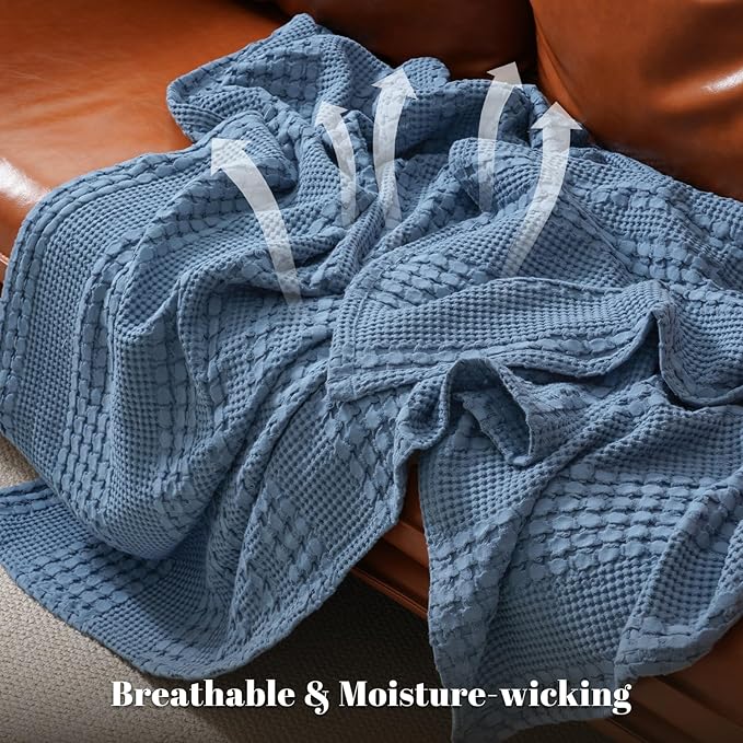 PHF 100% Cotton Waffle Weave Blanket Twin Size for Bed, Soft Lightweight & Breathable, All-Season Comfort, Luxury Aesthetic Woven Bedding for Home Decor, 66"x90", Denim Blue