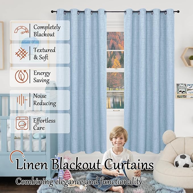 Baby Blue Linen Blackout Curtains for Nursery 72 Inch Length 2 Panels Set, Thermal Insulated Boho Total Black Out Noise Reducing Bonzer Grommets Window Curtains for Kids Bedroom, Each 52 Inch Wide