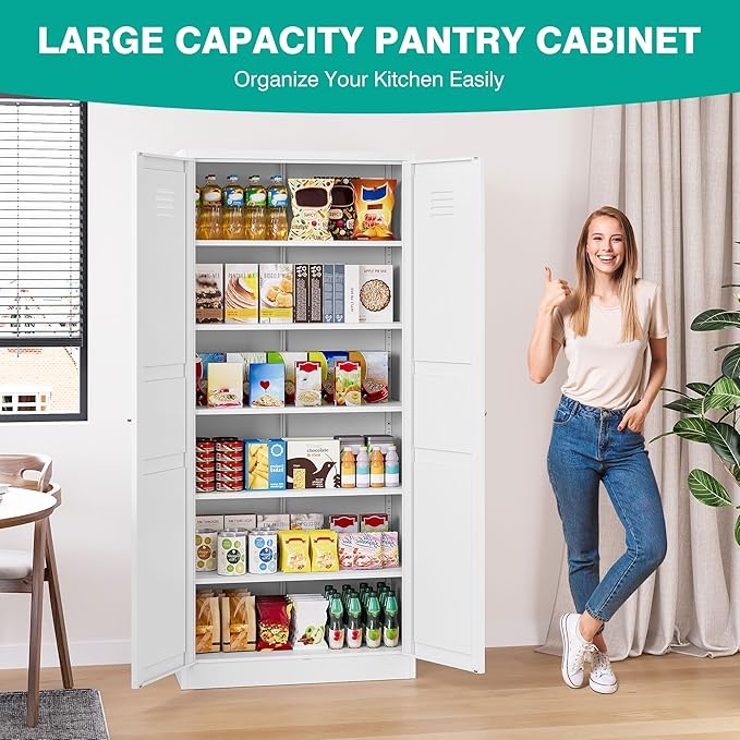 SISESOL 71" Tall Pantry Cabinet with 2 Doors and 6 Shelves,Kitchen Pantry Storage Cabinets,White Metal Storage Cabinet,Wide Deep Food Cupboard for Home,Kitchen,Dining/Living Room