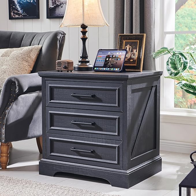 ACCOHOHO Farmhouse Nightstand with Charging Station, 22 Inch Wide End Table with 3 Large Drawers & Bar Handles, Rustic Wood Small Dresser Chest of Drawers for Bedroom, Living Room, Closet, Black