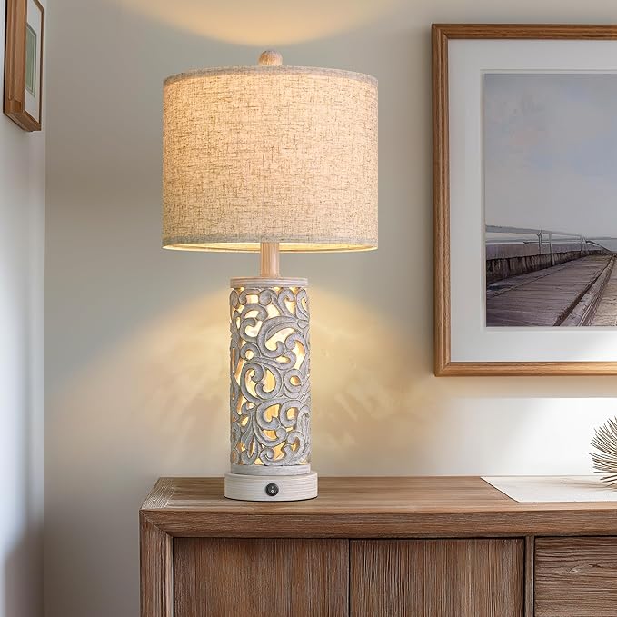 OYEARS Bedside Table Lamps Set of 2 with USB & Night Light, 22'' Farmhouse Bedroom Lamps for Nightstand, Vintage Table Lamps for Bedroom Living Room Home Offce (Bulb Included)