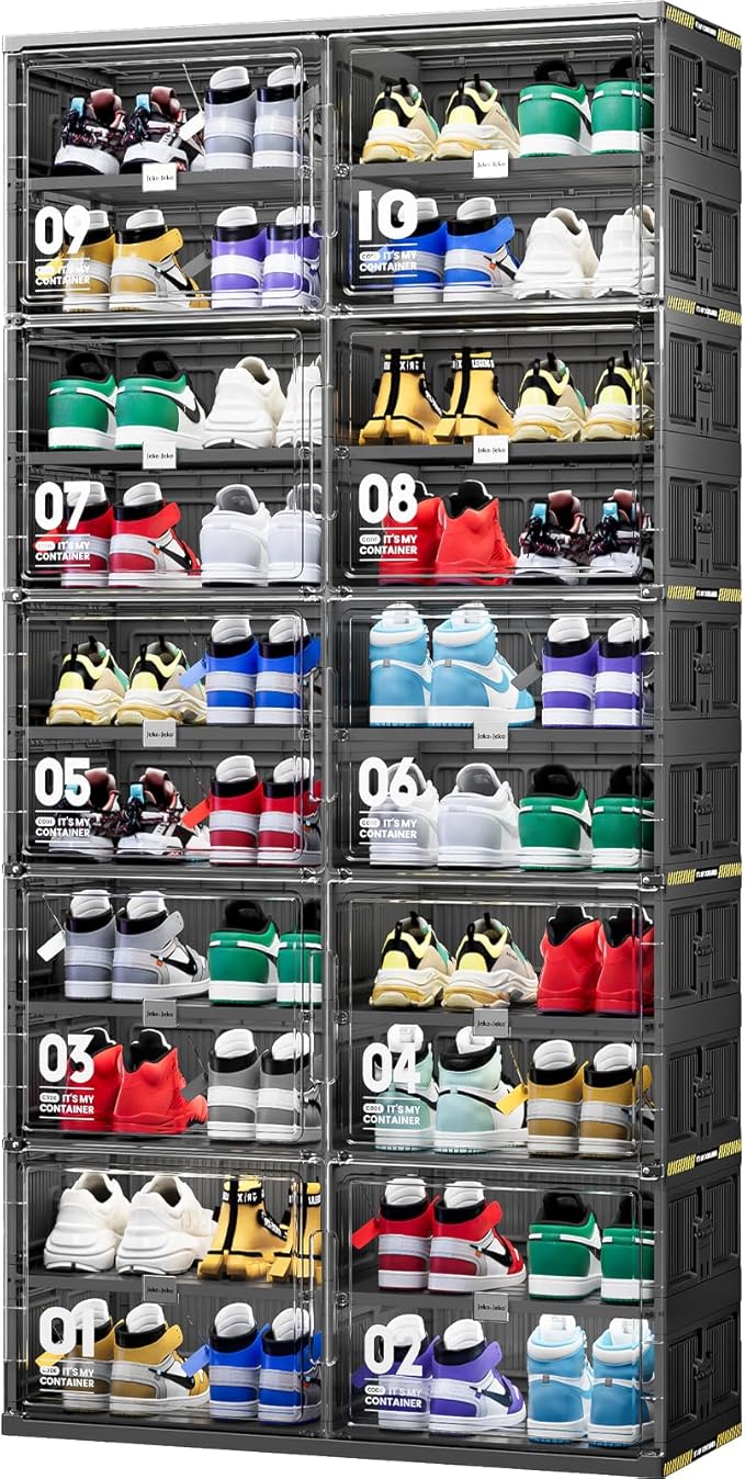 JEKO&JEKO 10-Tier Double-Column Foldable Shoe Storage Cabinet with Magnetic Doors, Large Collapsible Shoe Rack Organizer for Entryway, Fits Up to 40 Pairs, Black