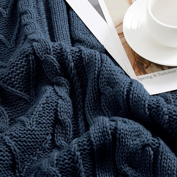 Aormenzy Navy Blue Cable Knit Throw Blanket Oversized 60" x 80" Super Soft Comfy Knitted Blanket for Couch Bed Sofa, Twin Size