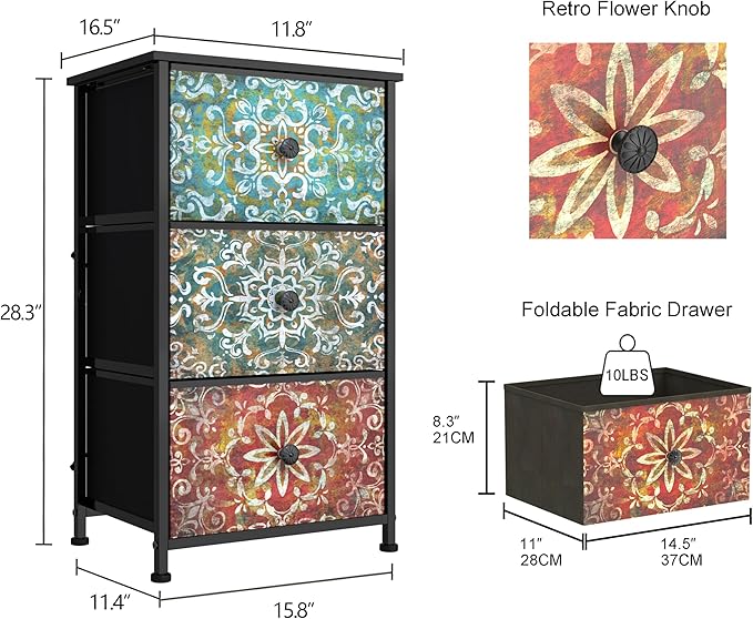 GiftGo Retro Dresser with Fabric Drawers Boho Mandala Flower Chest of Drawers Narrow Storage Tower for Small Spaces Gaps Bedroom Beautiful Nightstand Living Room Table (Mandala, 3 Drawers)