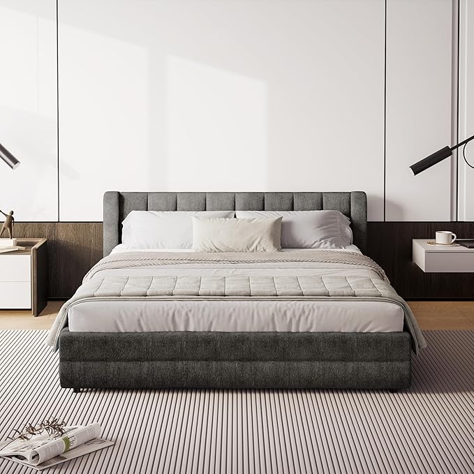 DEINPPA Queen Size Bed Frame with 4 Storage Drawers and Cloud Soft Headboard, Chenille Upholstered Grounded Wood Base Bed Frame, No Box Spring Needed-Dark Grey