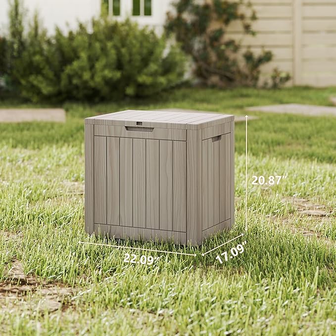 35 Gallon Small Waterproof Outdoor Storage Box, Resin Deck Box Lockable for Patio Furniture, Garden Tools, Pool Accessories, UV-Resistant for All Weather Use, Greige