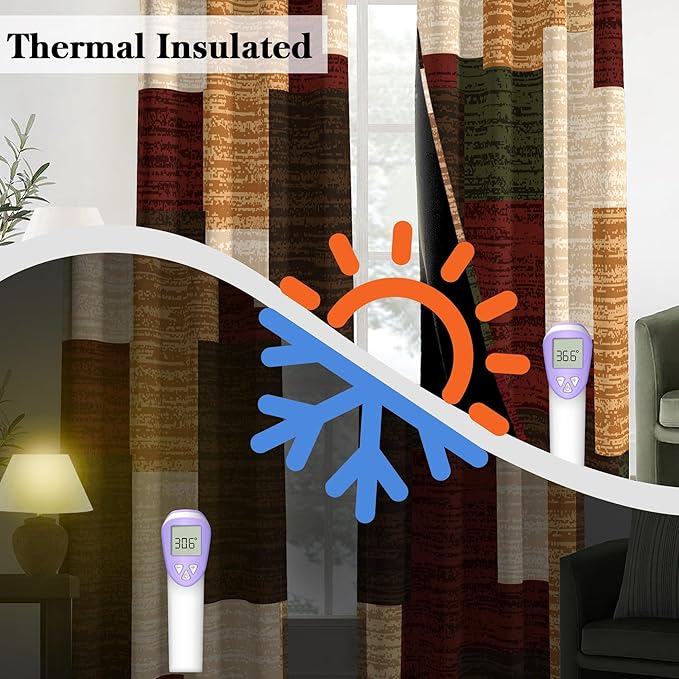 Brown Red Vintage 100% Blackout Curtains for Bedroom 96 inch Length 2 Panels Set Modern Abstract Geometric Black Out Curtains Insulated Room Darkening Window Drapes forLiving Room, 52Wx96L