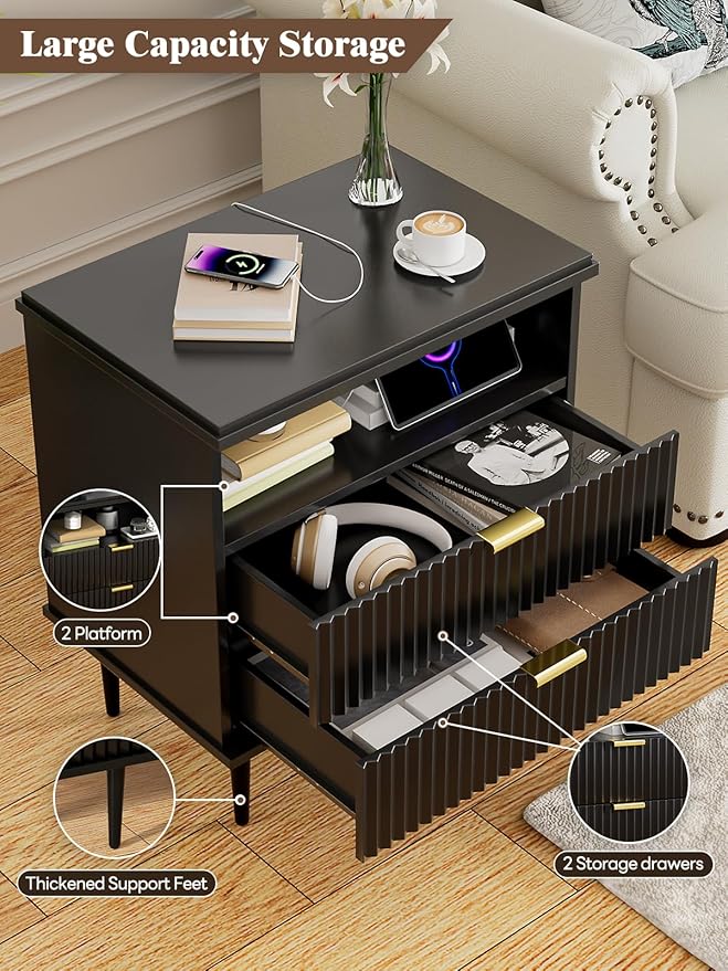 Modern Nightstand with Charging Station, 2-Drawer Fluted Wood Bedside Table with USB, Type-C & AC outlets, Open Storage. Perfect for Your Bedroom (Black, 23.3")