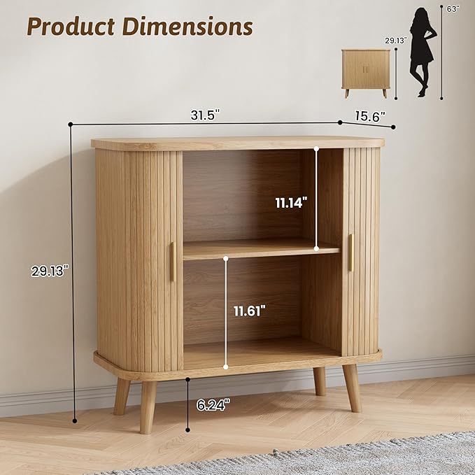 Buffet Cabinet with Storage, Curved-Edge Fluted Storage Cabinet Sideboard, Modern Black Sideboard Buffet with Adjustable Shelves & Sliding Door for Dining Room, Kitchen, Entryway (Oak)