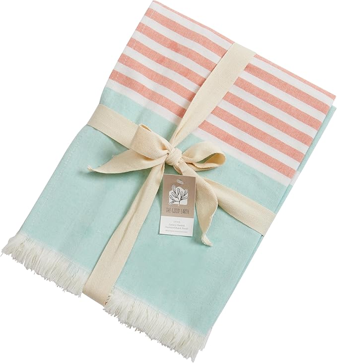 The Good Earth 4 Pack Oversized Turkish Beach Towel Set - 35" x 78" - Luxury Portuguese Cotton - Sand Resistant - Mint/Coral