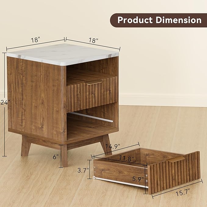 Fluted Nightstand with 2 Drawers, 18" Modern Night Stand with Faux Marble Top, Open Storage Shelf, Curved Edge Bedside Table for Bedroom, End Side Table (1, Walnut)