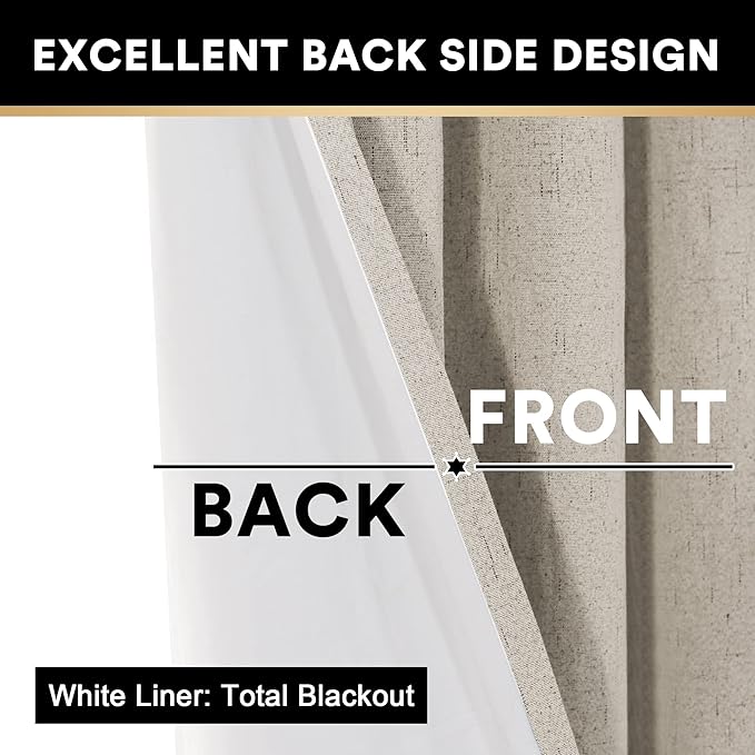 PrinceDeco 100% Blackout Linen Textured Curtains for Bedroom Anti-Rust Grommet Dining Room Drapes Thermal Insulated with White Liner Textured Blackout Curtains 2 Panels Set,52" W x 54" L,Cobblestone