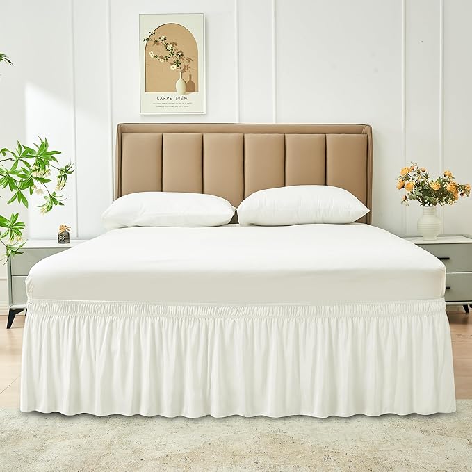 Biscaynebay Wrap Around Bed Skirts for Queen Size Beds 21" Long Drop, Ivory Adjustable Elastic Dust Ruffles Easy Fit Wrinkle Resistant Silky Luxurious Fabric Machine Washable
