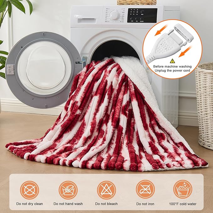 Heated Blanket Twin - 62"x84" Fast Heating Bed Electric Blankets with 6 Heating Levels & 10 Hours Auto Off, Soft Ribbed Faux Fur Sherpa, Over-Heated Protection ETL, Red