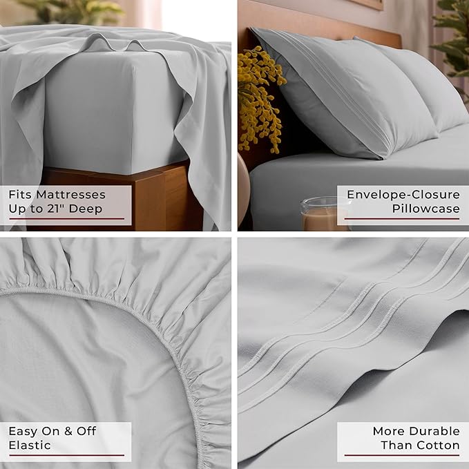 Mellanni King Sheet Set - 6-Piece Iconic Collection Bedding, (Including 4 Pillowcases), 21-Inch Extra Deep Pocket, Easy Care, Ultra Soft, Cooling Sheets, Brushed Microfiber - Light Gray