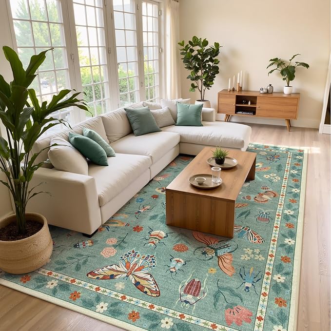 Lahome Insect 9x12 Area Rugs for Living Room Bedroom, Soft Washable Rugs 9x12 Stain Resistant, Ultra-Thin Non-Slip Non-Shedding Accent Carpet for Dining Room Office, Green