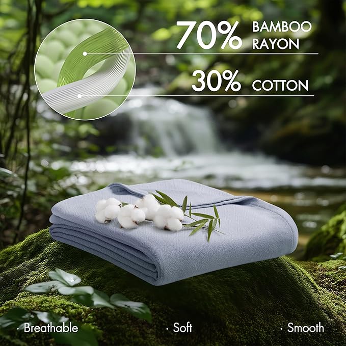 Madison Park Twin Size Blanket, 70% Rayon Bamboo-Based, 30% Cotton, Breathable for Hot Sleepers Menopause, Ultra Soft and Snag-Resistant, Summer Blanket for Bed or Couch, Twin 66"x90", Light Blue