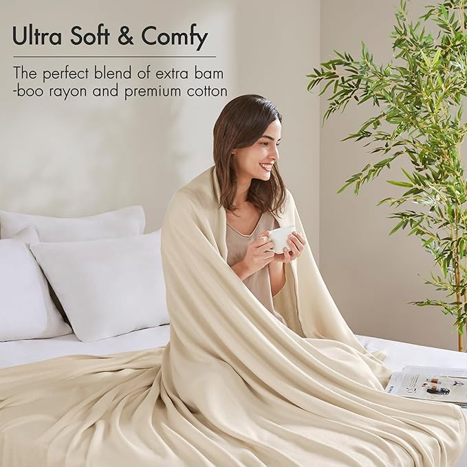Madison Park Twin Size Blanket, 70% Rayon Bamboo-Based, 30% Cotton, Breathable for Hot Sleepers Menopause, Ultra Soft and Snag-Resistant, Summer Blanket for Bed or Couch, Twin 66"x90", Ivory