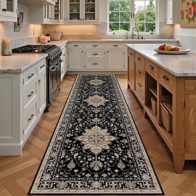 Area Rugs 2'x7' Washable Non-Slip, Floral Vintage Distress Print Pattern Medallion Carpet for Living Room Bedroom Dining Room, Black Brown Neutral Dark Tan