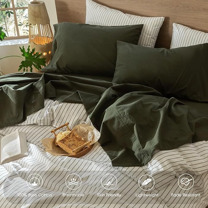 MooMee Bedding Sheet Set 100% Washed Cotton Linen Like Textured Breathable Durable Soft Comfy (Solid Olive Green, Twin)