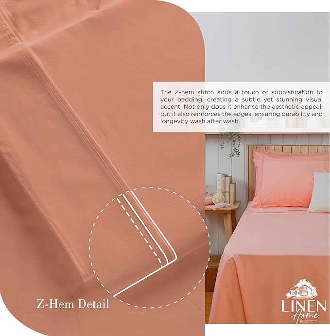 Linen Home 100% Cotton Percale Sheets Full Size, Tera Clay, Deep Pocket, 4 Pieces Set - 1 Flat, 1 Deep Pocket Fitted Sheet and 2 Pillowcases, Crisp Cool and Strong Bed Linen