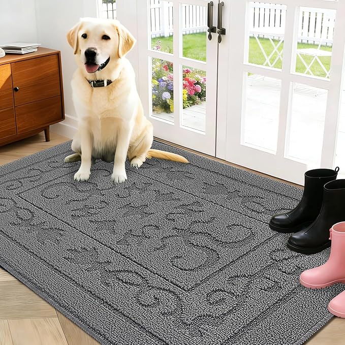 FONEYI Indoor Door Mat, Front Back Door Mat 32" x 48" Non-Slip Rubber Backing Door Rug, Machine Washable Entry Rug, Low Profile Absorbent Dirt Trapper Doormat Inside Floor Mats for Entryway, Grey