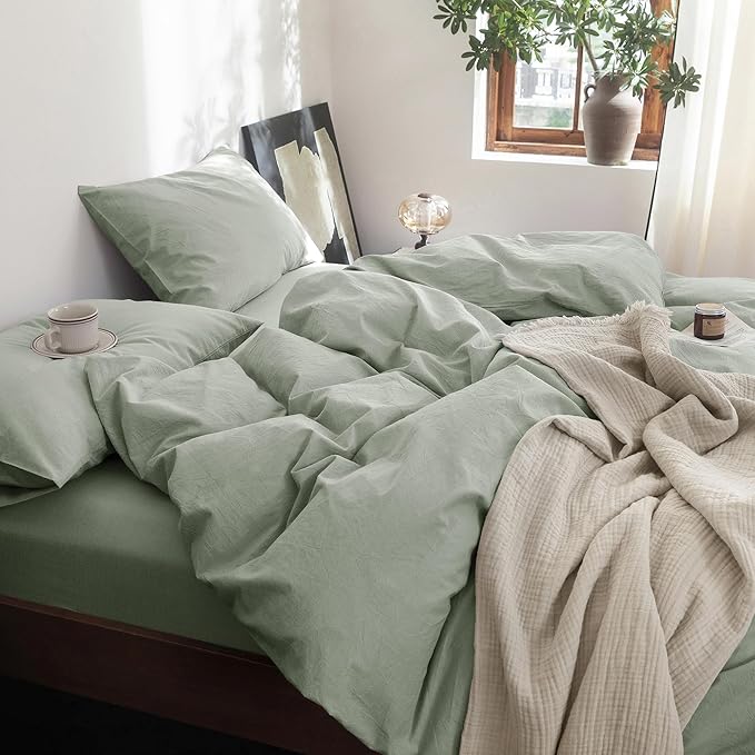 FOSSA Duvet Cover Set 100% Washed Cotton Linen Feel Super Soft Breathable Cozy 3 Pieces Bedding Sets Solid Sage Green King