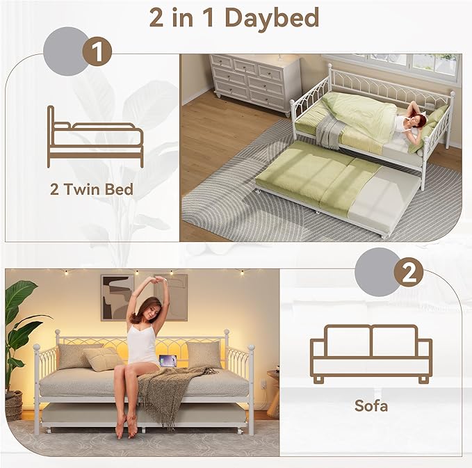GarveeHome Daybed with Trundle, Metal Twin Trundle Bed with Charging Station & LED Lights, Sofa Beds Frame with Pull Out Bed for Living Room, Guest Room, Apartment, Small Spaces, White