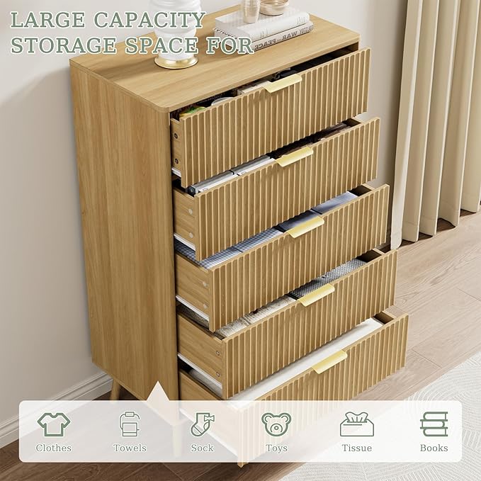 LYNSOM Fluted 5 Drawers Dresser, 45" Tall Modern Chest of Drawers with Curved Profile Design and Metal Handle, Wood Drawer Organizer for Bedroom, Living Room, Hallway, Entryway, Oak