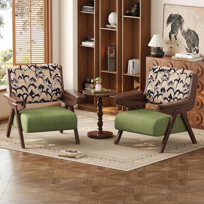 Accent Chair Mid Century Modern Chair, Velvet Upholstered Lounge Arm Chair with Solid Wood, Cozy Reading Chair for Living Room, Bedroom, Balcony (Feather Print, Single Chair)