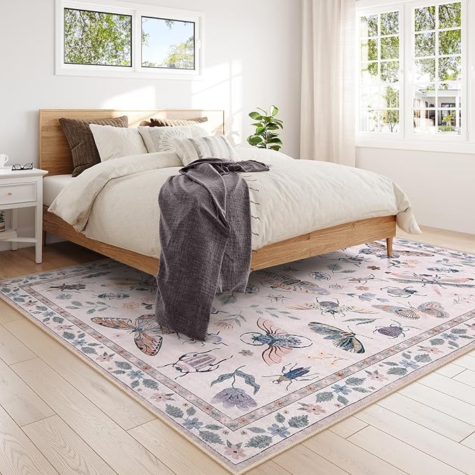 Lahome Insect Print Washable Rugs for Living Room, Soft 6x9 Pink Rug for Bedroom Ultra-Thin Non Slip, Stain Resistant Modern Easy Clean Large Carpet for Dining Room Nursery Classroom(6'x9',Pink)