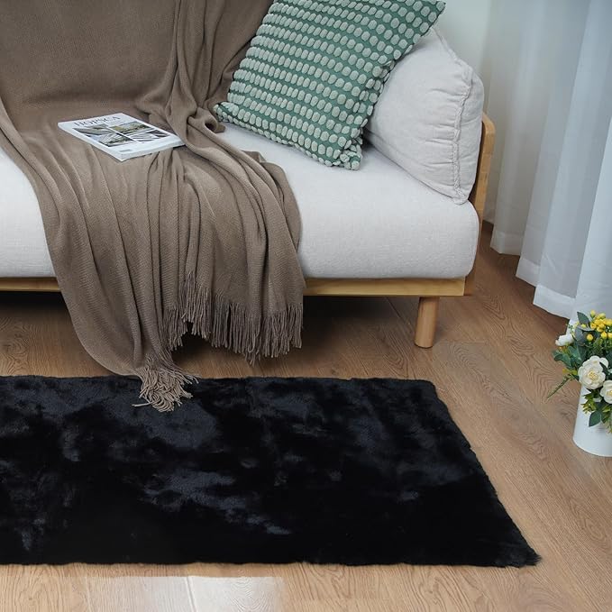 Latepis 2x6 Rug Runner Black Fluffy Area Rug Washable Faux Rabbit Fur Plush Shag Rugs for Bedroom Shaggy Throw Rugs for Nursery Sofa Floor Room Decor