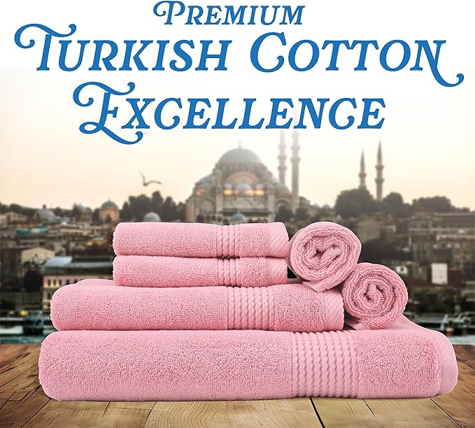 East'N Blue Lara Premium Bath Towel Set 6 Piece - Soft & Highly Absorbent Bathroom Towel Set, 100% Luxury Turkish Cotton, Flannel Bath Towels, 1 Bath Towel, 1 Hand Towel, 4 Washcloths - Rose
