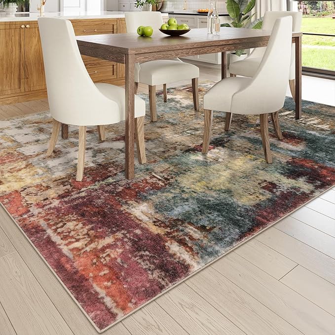 Lahome Modern Abstract 9x12 Area Rugs for Bedroom, Washable Living Room Rug for Bedroom Low Pile Non Slip, Red Soft Indoor Accent Carpet for Dining Room Table Home Decor Use