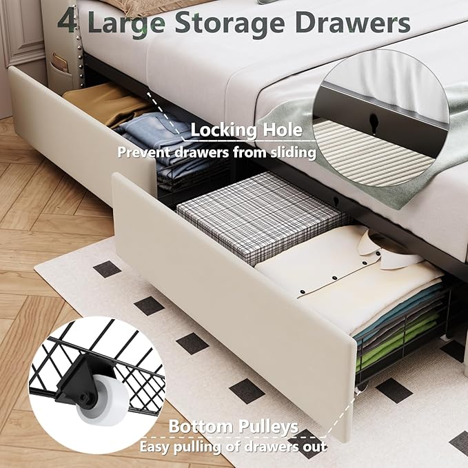 Full Size Bed Frame with 4 Drawers and Storage Headboard, Upholstered Tufted Wingback Bed Frame with LED Lights and Charging Station, No Box Spring Needed, Easy Assembly, Noise Free, Beige