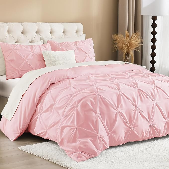 Litanika Pink Queen Pinch Pleat Duvet Cover, 3 Pieces Pintuck Cover Soft Microfiber Bedding Set with Zipper Closure & Corner Ties(90x90Inch-1 Duvet Cover, 2 Pillowcases)