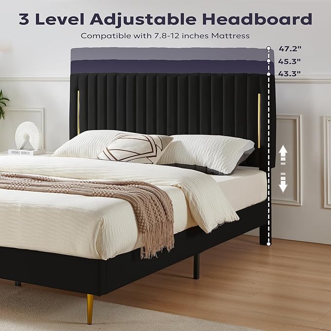Queen Platform Bed Frame, Velvet Upholstered Bedframe with Vertical Channel Adjustable Headboard, Golden Plating Trim, Mattress Foundation with Wooden Slats, No Box Spring Needed, Black