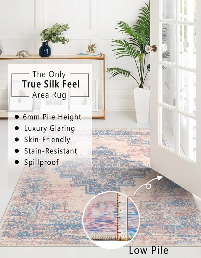 vivorug Runner Rug 2'x8' Machine Washable Non-Slip Runners for Hallways Kitchen Entryway Laundry Room Vintage-Inspired Carpet Hallway Runner Pink