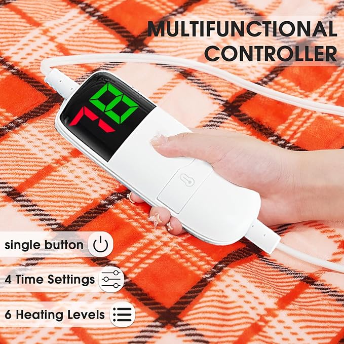Heated Electric Blanket Full Size,72X84 Heating Blanket,Orange Plaid Soft Sherpa Blankets Warmer Gift for Grandma Women Adult,Fast Heating Washable