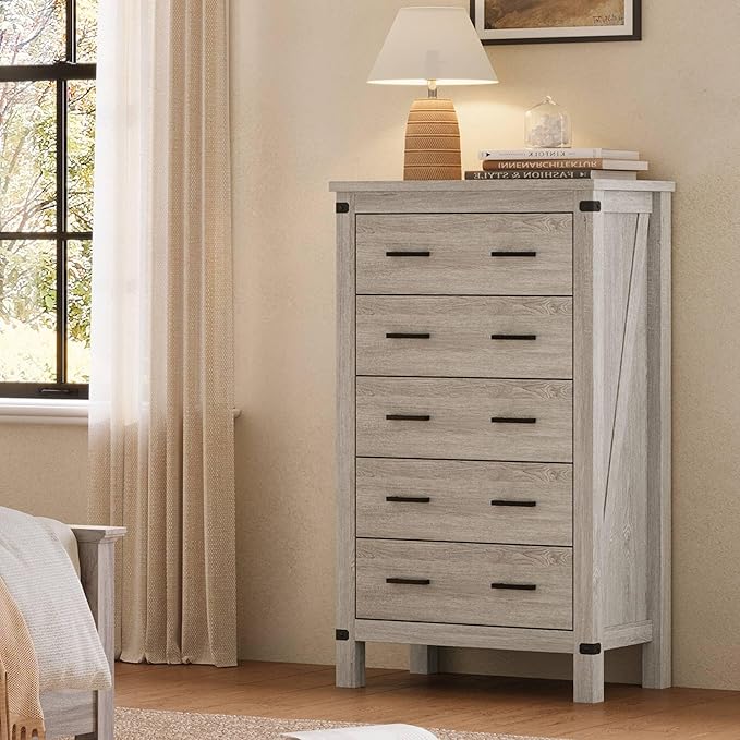 LINSY HOME Farmhouse 5 Drawer Dresser for Bedroom, 46” Tall Rustic Wood Chest with Deep Drawers, Modern Dressers with Spacious Storage and Metal Handles for Closet, Living Room, Hallway, Wash Grey