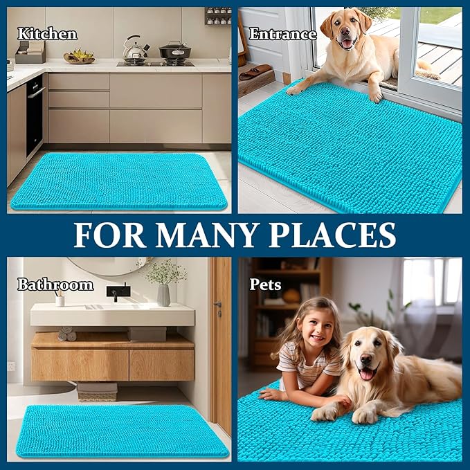OLANLY Dog Door Mat for Muddy Paws 30x20, Absorbs Moisture and Dirt, Absorbent Non-Slip Washable Doormat, Quick Dry Chenille Mud Mat for Dogs, Entry Indoor Entryway Carpet for Inside Floor, Aqua Blue