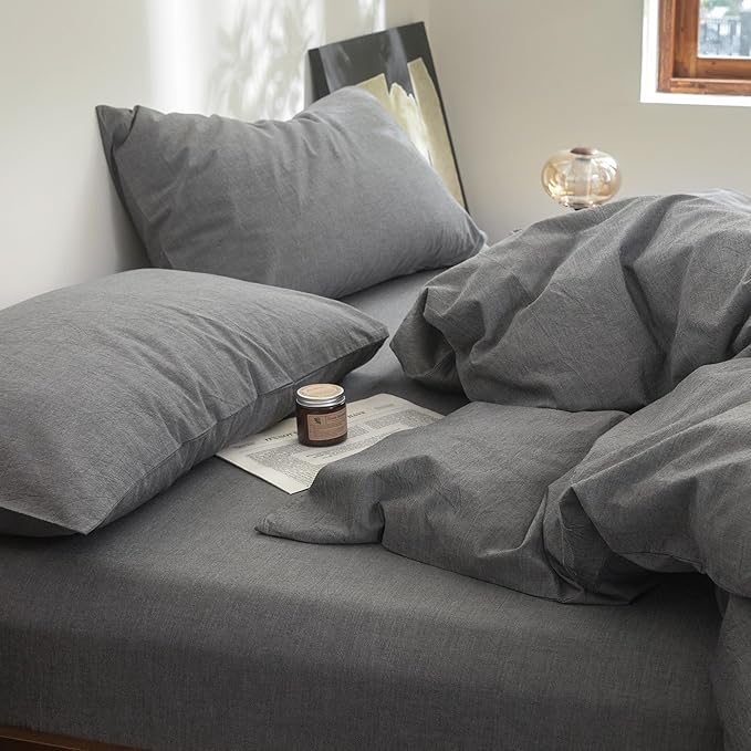 FOSSA Duvet Cover Set 100% Washed Cotton Linen Feel Super Soft Breathable Cozy 3 Pieces Bedding Sets Solid Dark Grey Queen