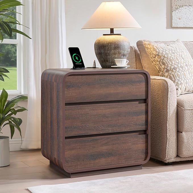 Walnut Nightstand with Charging Station, Modern Curved End Table with 3 Drawers, 25" Tall Wood Bedside Table, Mid Century Night Stand for Bedroom, Dorm, Sofa, Office