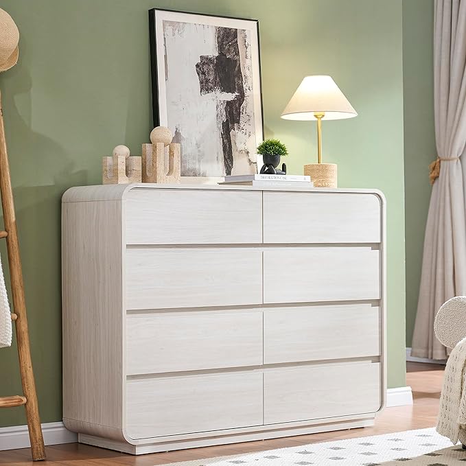 47’’ Wide Dresser with 8 Drawers, White Chest of Drawers with Deep Drawers & Handleless, Wooden Storage Organizer for Bedroom, Living Room, Hallway