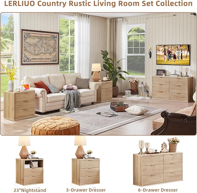 LEYAOYAO 23" Wide Fluted Night Stand with Charging Station, 3 Drawers Large End Table with Storage, Natural Nightstand Wood Bedside Tables, Farmhouse Cabinet Dresser for Bedroom, Closet
