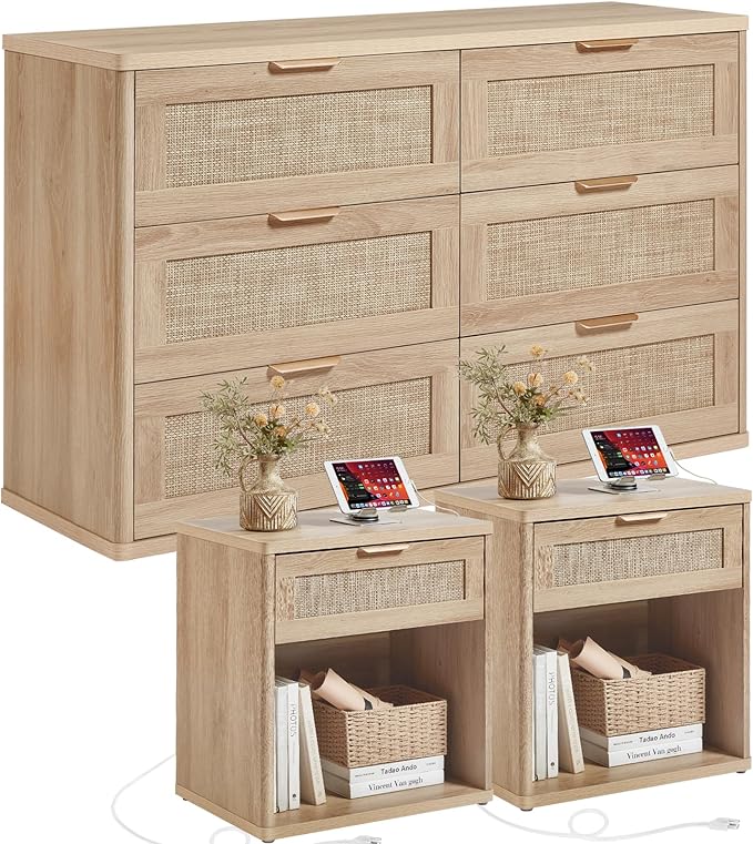 LEYAOYAO Rattan Dresser and Nightstand Sets 3 Piece, Boho Wood Dresser for Bedroom with 6 Drawers and Night Stand with Charging Station, Bedroom Furniture, Dressers & Chests of Drawers, Living Room