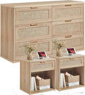 LEYAOYAO Rattan Dresser and Nightstand Sets 3 Piece, Boho Wood Dresser for Bedroom with 6 Drawers and Night Stand with Charging Station, Bedroom Furniture, Dressers & Chests of Drawers, Living Room