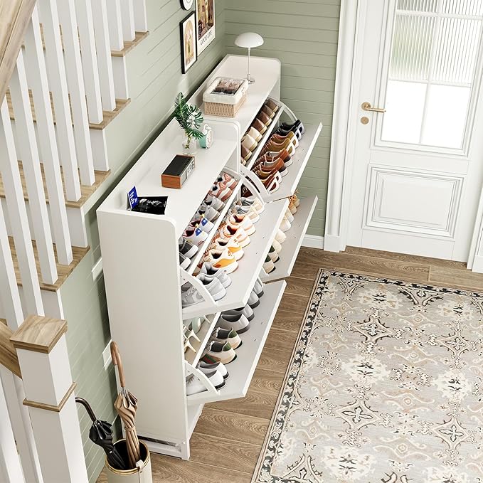 Shoe Cabinet, Shoe Storage Cabinet with 2 Flip Drawers & Adjustable Shelf, Space-Saving Shoe Organizer – Holds 12+ Pairs, Narrow Shoe Cabinet Storage for Entryway/Hallway（White）